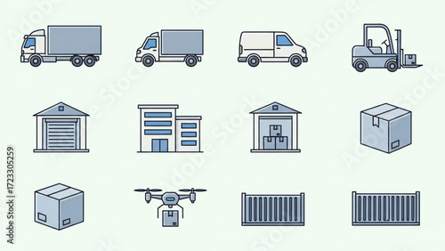 Streamlined logistics icons for modern supply chains, showcasing delivery trucks, drone transport, and warehouse facilities for distribution success