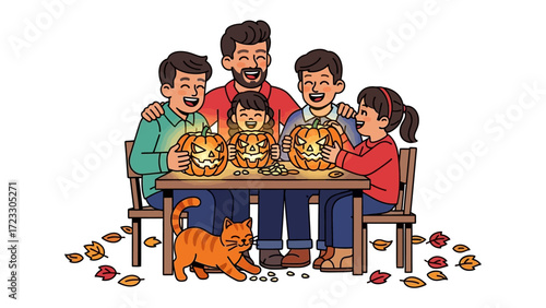 Halloween Family Gathering: A heartwarming illustration captures a family joyfully carving Halloween pumpkins together, celebrating the spirit of autumn and creating cherished memories. 