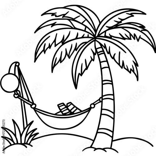 A stylized vector illustration of a peaceful tropical island silhouette with a graceful palm tree