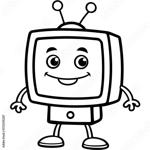 A funny retro television broadcasting a cartoon robot on its vintage screen with an antenna