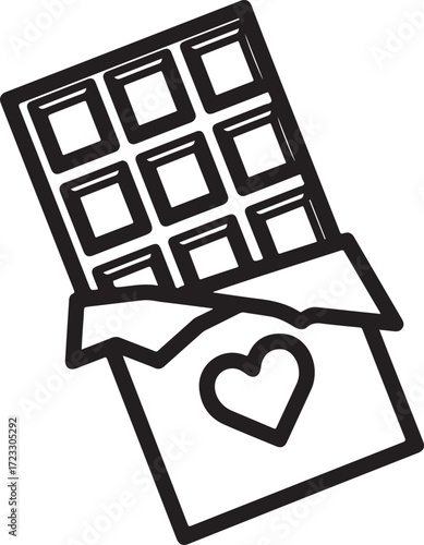 Vector art of a simple line art illustration of a chocolate bar with a heart shape on its wrapper