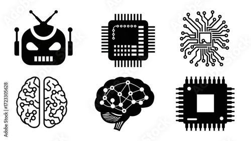AI technology icons showcasing artificial intelligence, machine learning, neural networks and robotic systems for advanced tech concepts and futuristic designs