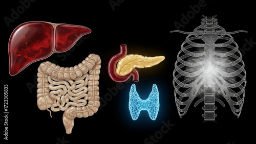 Explore the human anatomy with this detailed depiction of the liver, intestines, pancreas, thyroid, and rib cage for educational health resources