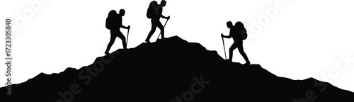 Silhouettes of hikers on a mountain summit against a bright sky vector