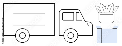 Delivery truck beside a potted plant and an open box. Ideal for sustainability, moving services, relocation, green delivery, eco-friendly business, logistics, minimalistic design. A simple flat