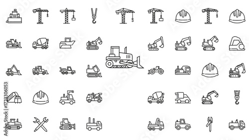 Construction icons set for building design, heavy equipment and safety helmets symbolize modern industry, originally a scalable vector graphic