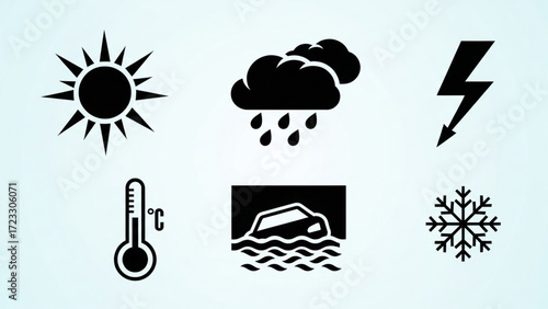 Weather forecast symbols showing a variety of conditions like sunny skies, stormy rain, lightning, flooding, and cold snow in a simple flat design
