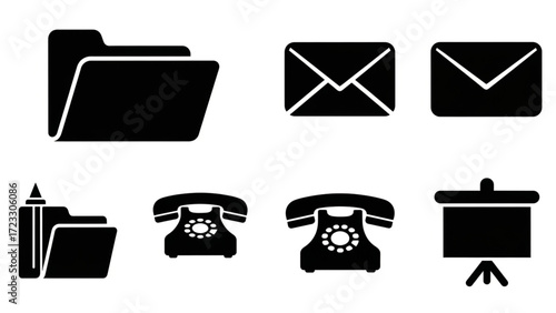 Modern vector icons for office needs: folders, emails, rotary phones, and presentation screen offer clean design for your next project, perfect for websites