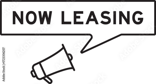 Megaphone icon with speech bubble in word now leasing on white background
