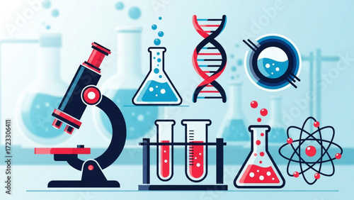 Modern science icons for research projects, featuring microscope, DNA, flasks and atom models for educational and scientific presentations