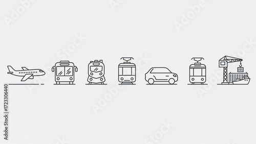 Modern transportation line icons for design projects showing plane, bus, train, car, tram, and cargo ship create a stylish urban mobility concept