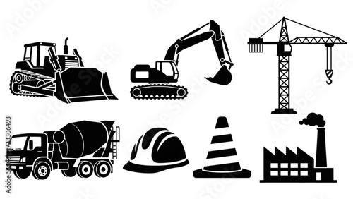 Bold construction icons showcase industrial equipment, safety gear, and factory silhouette, perfect for engineering, development, and city planning projects