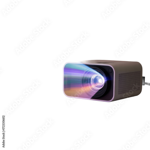 Modern compact multimedia projector emitting a colorful beam of light isolated on transparent background
