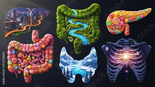 Whimsical human anatomy art showcasing the liver with cityscapes, colon with forests, pancreas with candy, and ribs with galaxy designs for medical posters