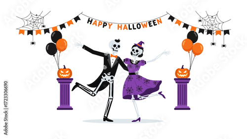 Halloween Celebration: A whimsical illustration captures the spooky spirit, featuring skeleton figures joyfully dancing in a festive Halloween setting, complete with pumpkins, balloons.
