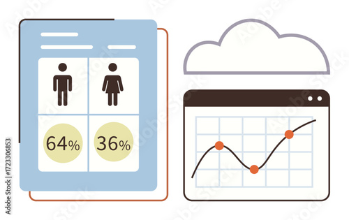 Gender split data and line chart in cloud-based analytics dashboard. Ideal for statistics, data analysis, gender studies, cloud computing, research, business insights, simple flat metaphor