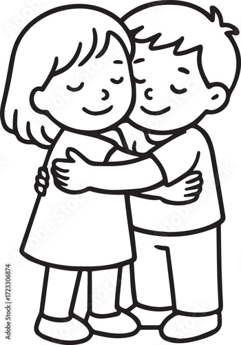 Shared Embrace of a bond: Two youthful figures, their eyes serenely shut, stand in a heartfelt embrace. conveying a scene of tranquility.