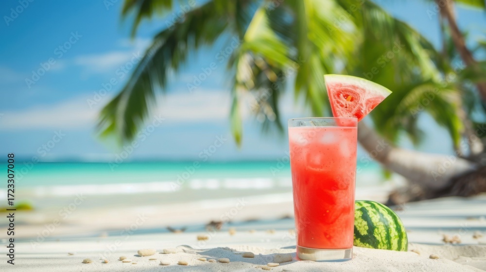 Obraz premium Tropical Beach Cocktails: Cold Alcohol Drinks, Orange Juice & Fresh Fruit Refreshments by the Sea
