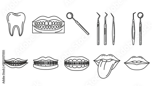 Dental health icons showing teeth, mouths with braces, and dental tools for orthodontics and oral care in a modern, clean line art style