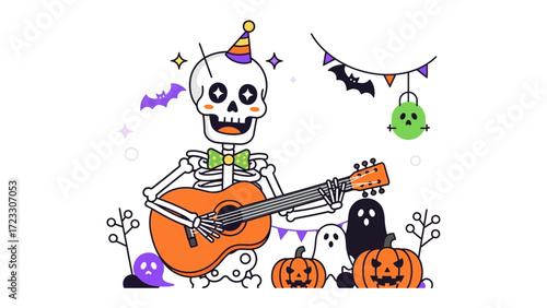 Halloween Party with Guitarist Skeleton: A whimsical cartoon illustration of a jovial skeleton, playing an acoustic guitar at a festive Halloween party. With a party hat, the skeleton serenades.