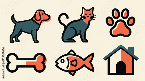 Adorable pet icons collection featuring a playful dog, curious cat, tasty fish, cozy dog house, and fun bone, perfect for any pet-related project