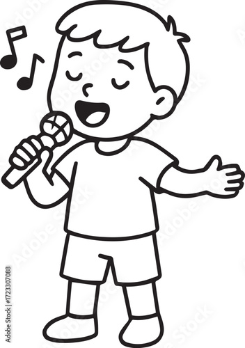 Harmony in Voice: A young, joyful boy with closed eyes expresses himself through singing with a microphone, sharing the emotional melody.