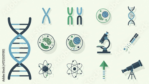 Explore science icons, biology equipment, atoms and molecule models, DNA structures for engaging educational presentations and compelling science projects