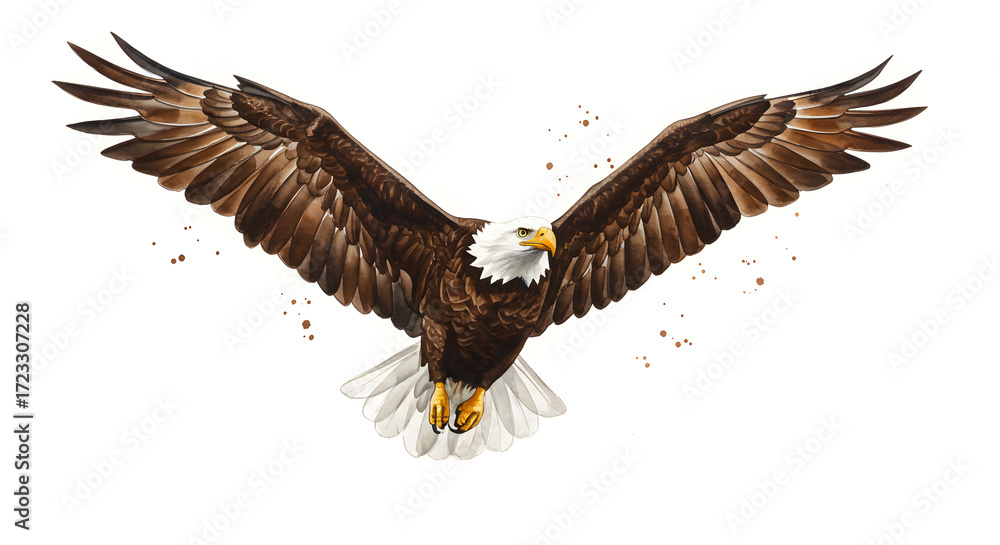 Fototapeta premium Majestic bald eagle soaring with powerful wings, a symbol of freedom and strength, beautifully rendered with expressive detail and artistic flair