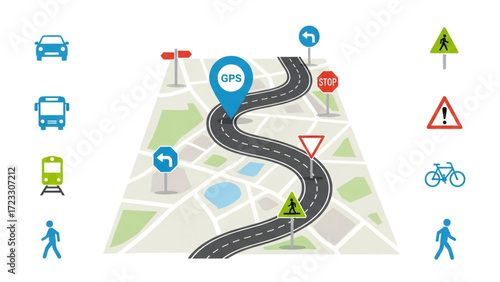 Simplified road map with GPS location pointer, car, bus, train, bicycle, pedestrian and traffic signs for travel, navigation and transportation concepts
