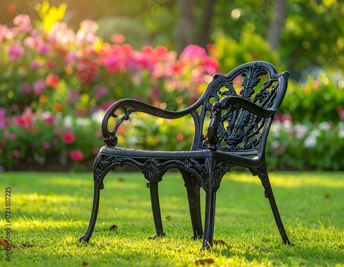 Black garden chair in a flowerbed