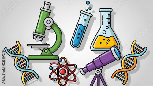 Inspiring science themed visuals for education and research, featuring microscope, telescope, dna, test tubes and atom models, perfect for learning resources