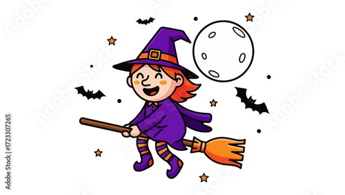 Magical Witch's Flight: An illustrated witch soars on a broom, beneath a full moon, stars, and silhouettes of bats. Celebrate the spooky season with this charming illustration.