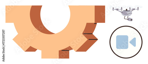 quadcopter flying symbolizing innovation paired with a gear icon for process automation and a video camera for content creation. Ideal for technology, automation, media, creativity, engineering
