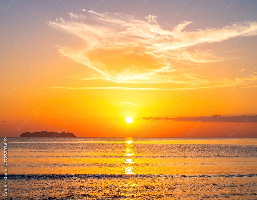 Naklejka premium Orange Sunset Over Calm Ocean with Distant Island Silhouette