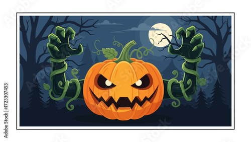 Animated Halloween Pumpkin: An animated Halloween pumpkin with a fierce carved face stands in a spooky forest under the moonlit night. It sets a mysterious and enchanting mood.