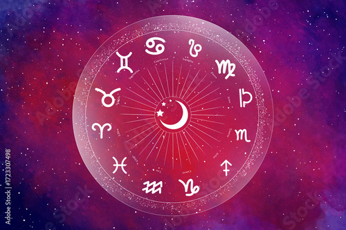 Western astrology circle with 12 zodiac symbols on a beautiful colorful starry space background. Vector illustration.