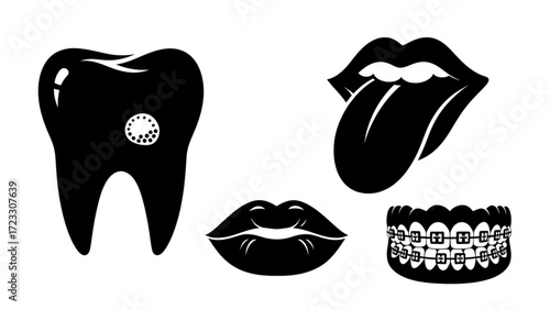 Modern dental health icons illustrating teeth with cavity, lips, tongue, and braces for orthodontics concepts, dental care products, and oral hygiene