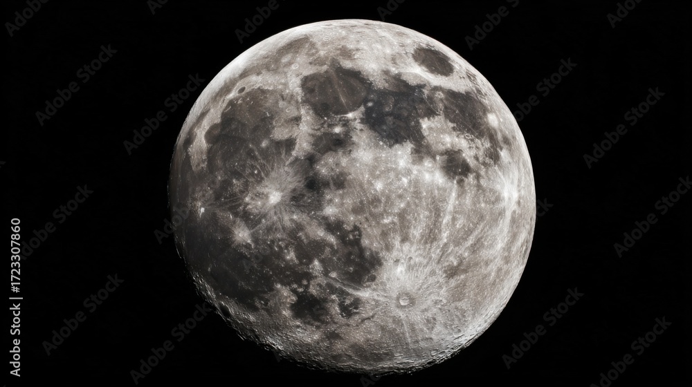Obraz premium Full moon against black background showcasing circular shape, surface details, lunar maria, highland regions, craters,