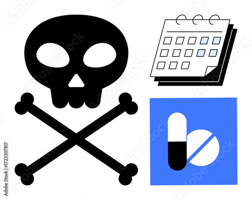 Skull and crossbones beside pills and a calendar symbolizing health hazards, such as medication misuse or overdose prevention. Ideal for safety, healthcare, toxicology, pharmacy, caution, scheduling