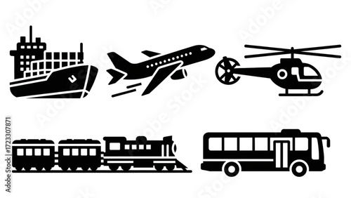 Diverse transportation methods like ships, planes, buses, trains, and helicopters showcase travel options, perfect for logistics, travel, and mobility concepts