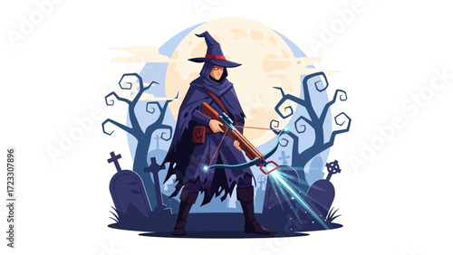 Mysterious Sorcerer in the Moonlight: A enigmatic sorcerer, clad in a flowing cloak and pointed hat, stands vigilant in a spooky graveyard, illuminated by the eerie glow of the moon.