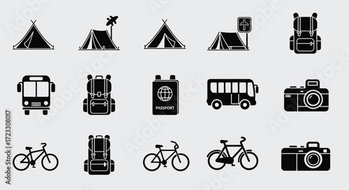 A collection of travel and camping icons in black and white.