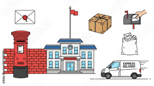 Efficient postal service illustration showcasing express delivery, mailboxes, letters, and a central post office, perfect for logistics and communication visuals