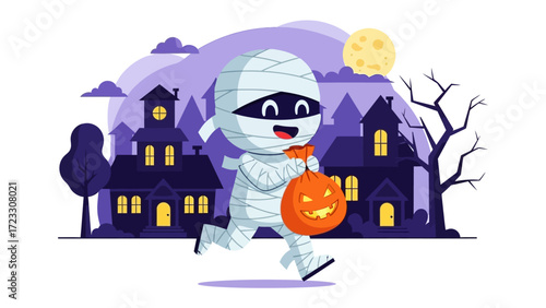 Mummy Halloween Fun: A cartoon mummy, embracing the Halloween spirit, joyfully walks through a spooky neighborhood with jack-o'-lantern in hand, all under the silvery light of the full moon.