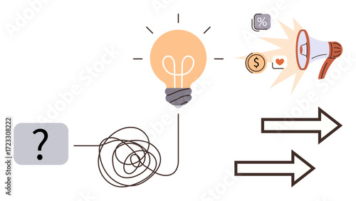 A tangled line flows into a glowing lightbulb with marketing symbols thumbs up a megaphone, dollar sign, and arrows. Ideal for creativity, problem-solving, innovation, strategy, marketing