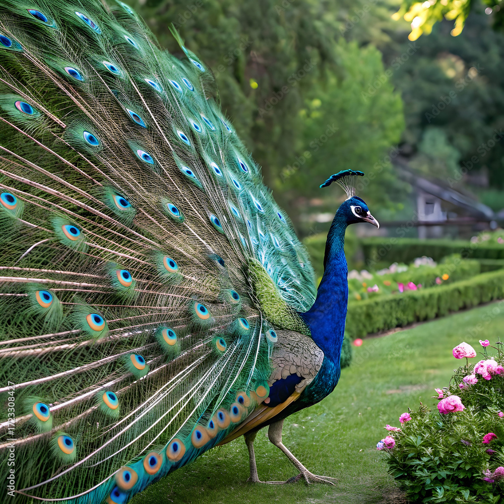 Naklejka premium beautiful peacock displaying vibrant and colorful