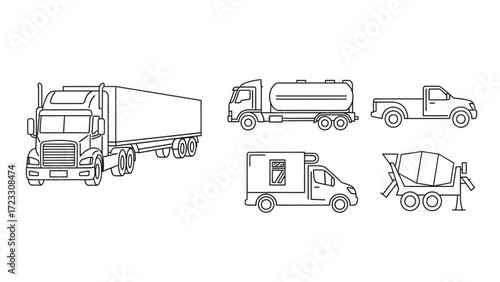 Versatile transport options showcase: Semi-truck, tanker, pickup, delivery van, and concrete mixer for logistics, construction, and delivery services needs