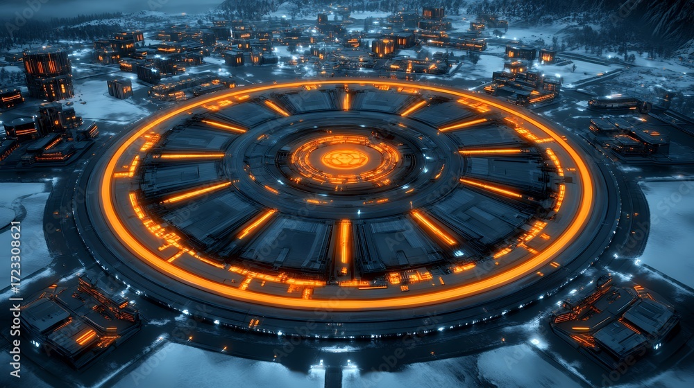 Fototapeta premium Futuristic Circular City at Night Aerial View Glowing Orange and Snow