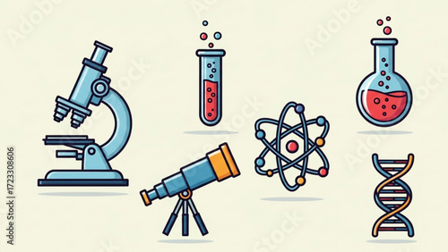 Explore scientific discovery with a microscope, test tube, telescope, atom, and DNA for educational science, research, and medical concepts