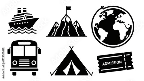 Plan your amazing adventures with this collection of travel icons cruise, mountains, tent, bus, globe, and tickets for vacations and exploring